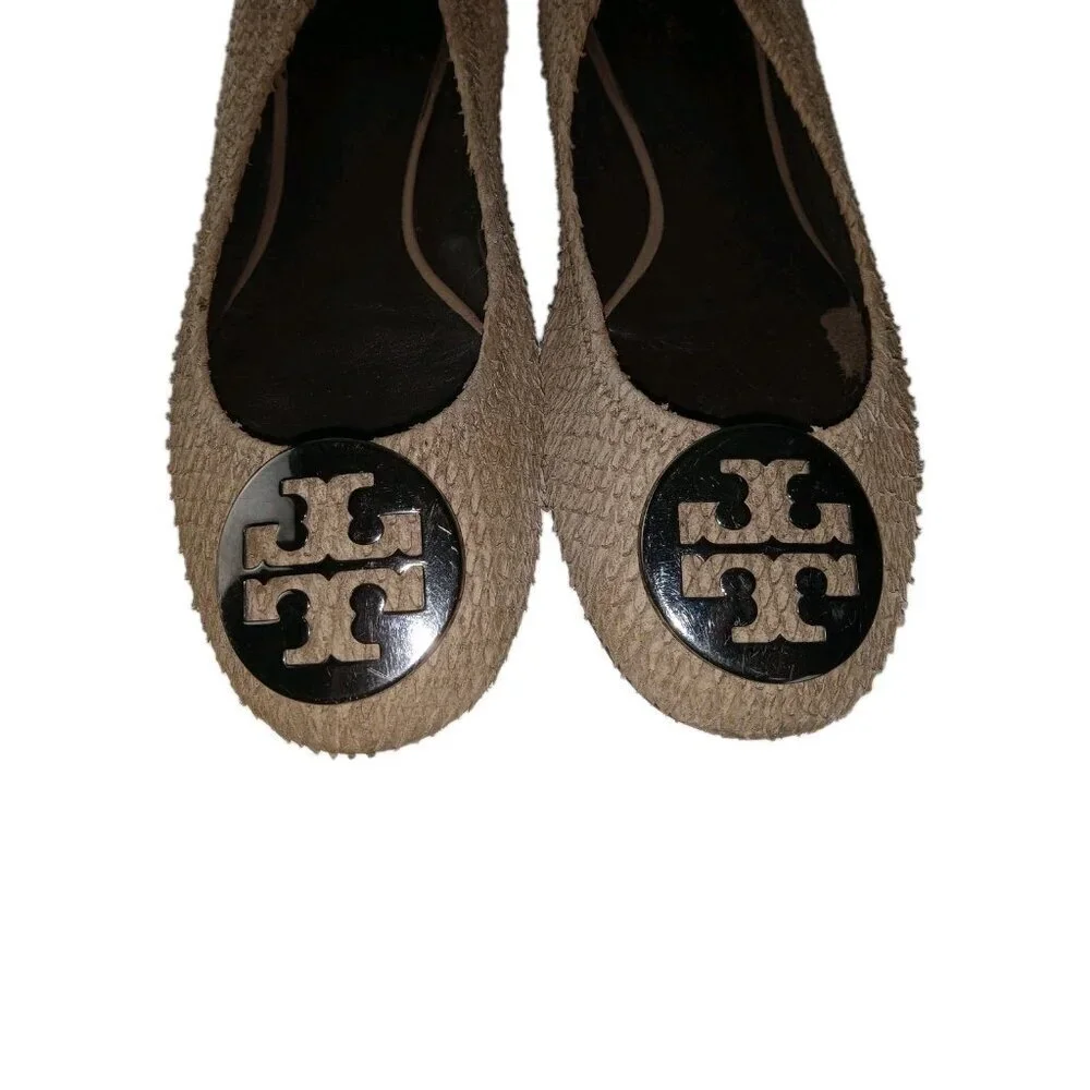 Tory Burch Women's Size 7 Reva Flats Python Print Brown Cream Shoes